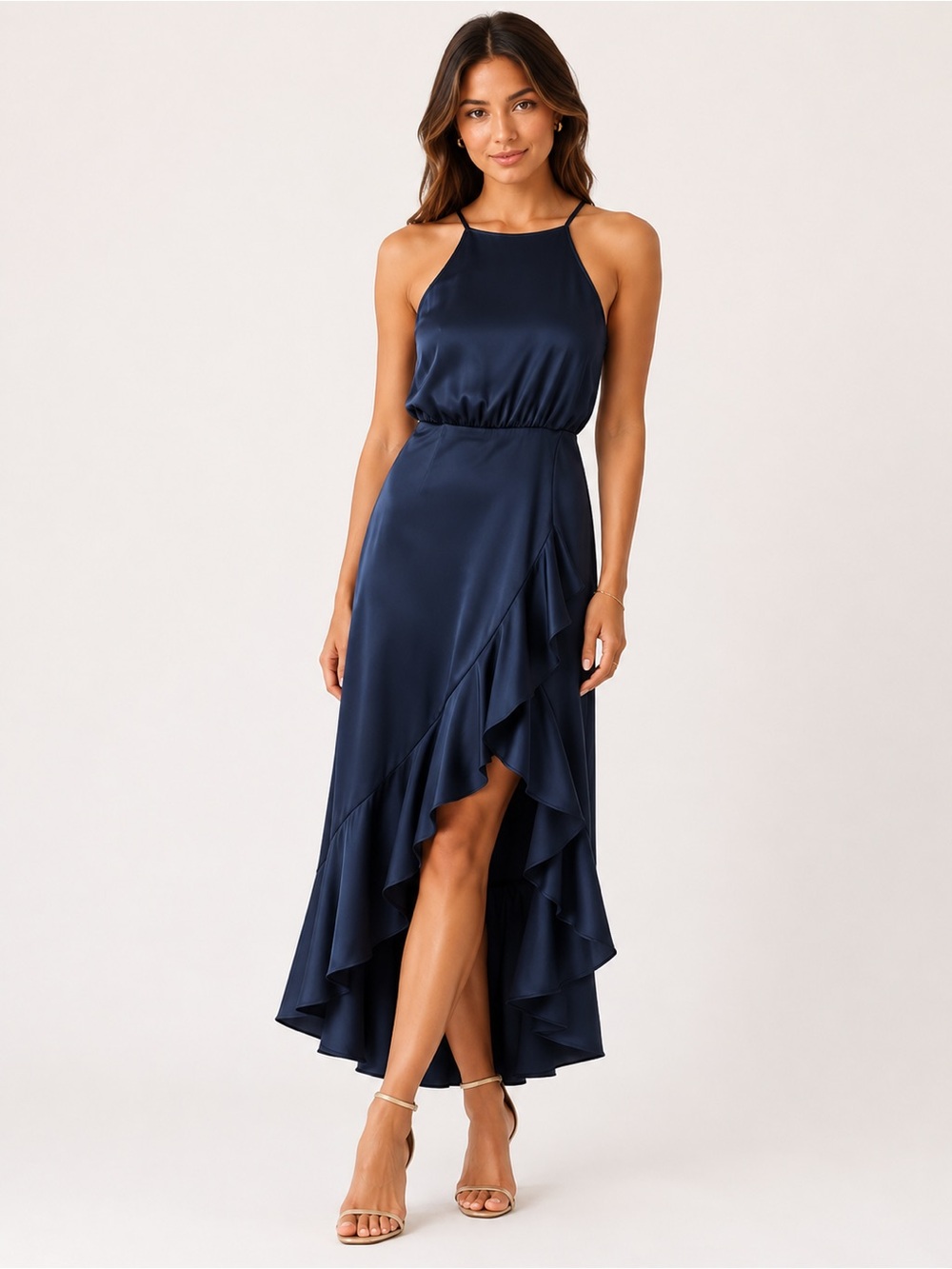 Navy satin midi evening gown